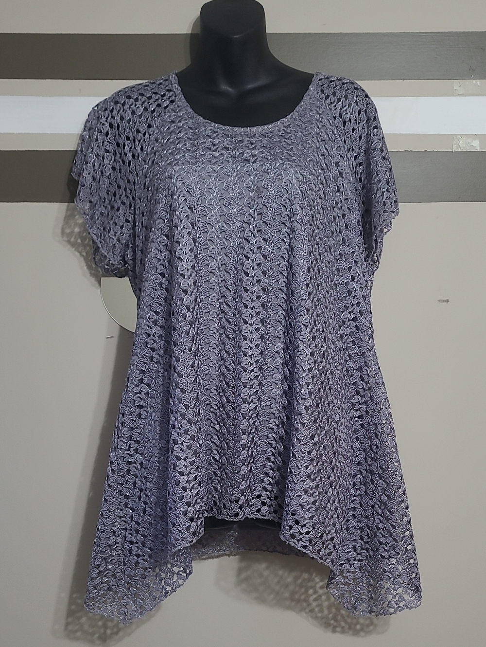 Jessica Lavender Crochet Overlay Swing Asymmetrical Tunic Blouse Sz Large